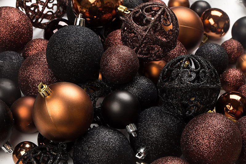 R N' D Toys 100 Brown and Black Christmas Ornament Balls Shatterproof+ 100 Metal Ornament Hooks, Hanging Ornaments for Indoor/Outdoor Christmas Tree, Holiday Party, Home Décor