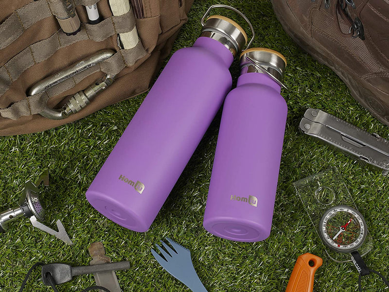 Homiu Water Bottle with Carrying Handle Insulated Double Walled Hot or Cold Stainless Steel Vacuum Flask Reusable (Purple, 500 ml)