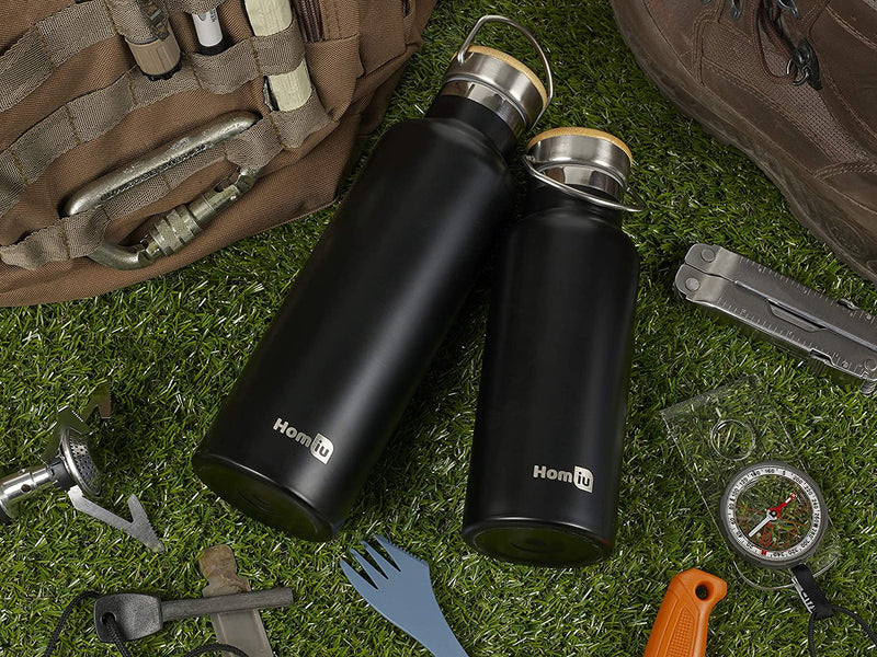 Homiu Water Bottle with Carrying Handle Insulated Double Walled Hot or Cold Stainless Steel Vacuum Flask Reusable (Black, 500 ml)