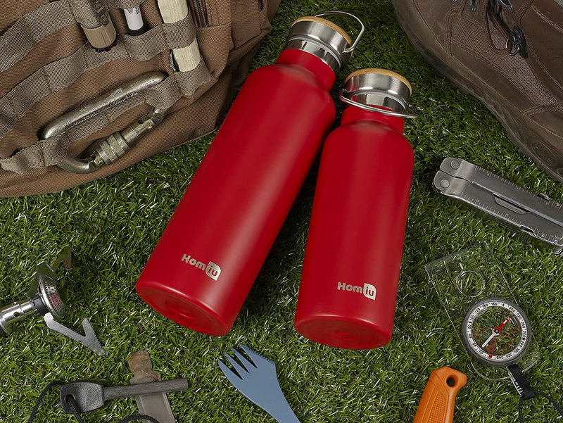 Homiu Water Bottle with Carrying Handle Insulated Double Walled Hot or Cold Stainless Steel Vacuum Flask Reusable (Red, 750 ml)