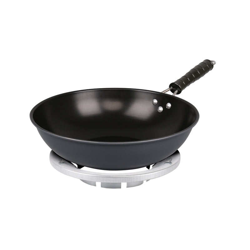 Homiu Non Stick Wok with Stand, 30cm Carbon Steel Wok Pan with Heat-Resistant Ribbed Handle