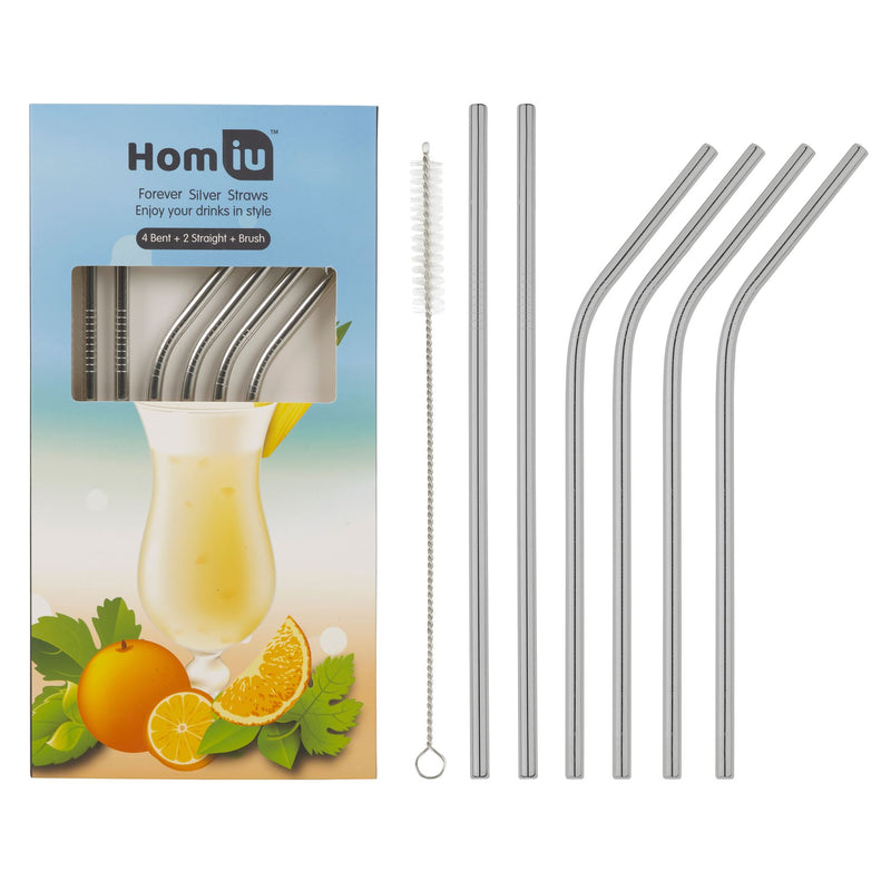 Homiu Stainless Steel Straws Forever Includes Cleaning Brush (Silver, 4 Bent + 2 Straight)