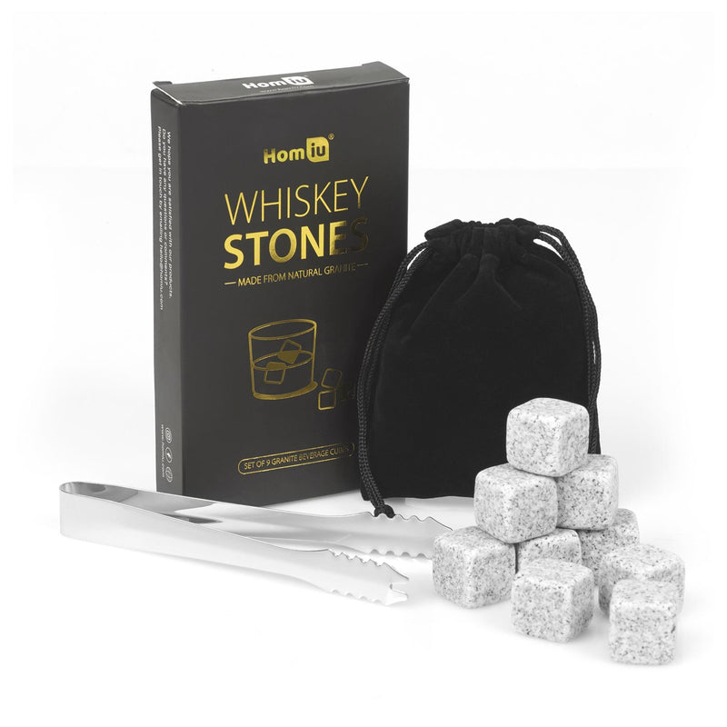 Homiu Whisky Stones Gift Set 9 x Granite Ice Cube Reusable for The Perfect On-The-Rocks Drink