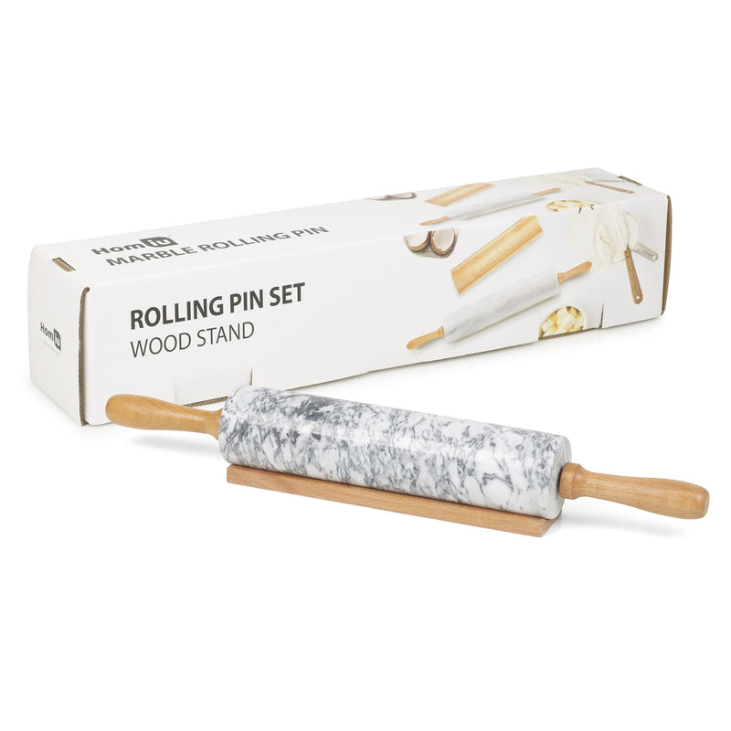 Homiu Marble Rolling Pin for Baking with Wooden Stand, Easy Clean, Hard-Wearing Speckle Finish, Non-Stick White
