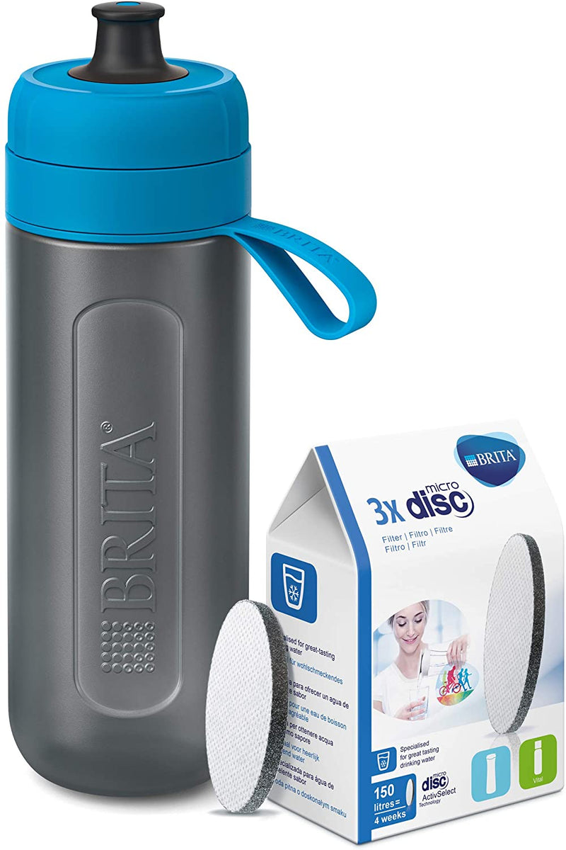 BRITA Fill and Go Active Sports Water Filter Bottle BPA Free, Blue, 600 ml with Pack of 4 MicroDiscs,