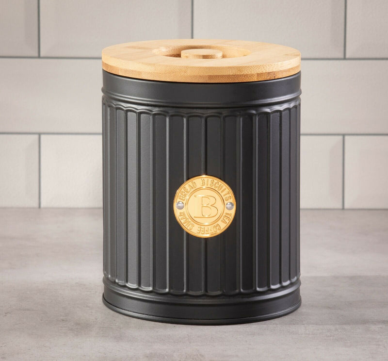 Homiu Ribbed Biscuit Barrel, Bamboo Lid Food Storage, Black, Premium