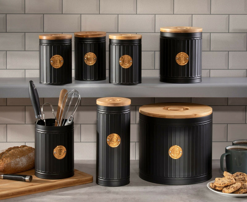 Homiu Ribbed Biscuit Barrel, Bamboo Lid Food Storage, Black, Premium