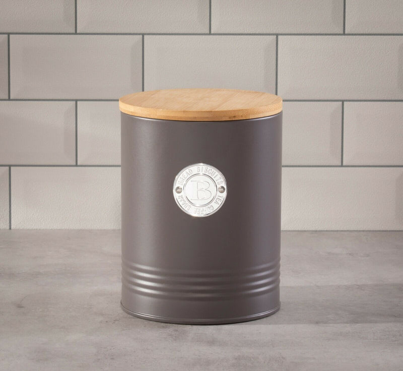 Homiu Biscuit Barrel,Bamboo Lid Food Storage, Grey, Premium Coffee Tea NEW
