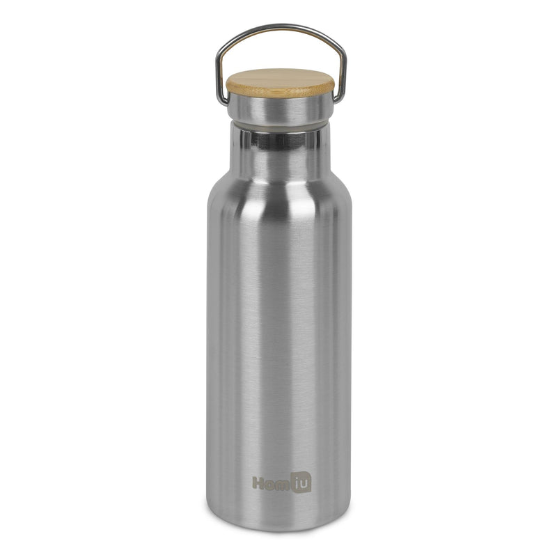 Homiu Water Bottle with Carrying Handle Insulated Double Walled Hot or Cold Stainless Steel Vacuum Flask Reusable (Silver, 500 ml)