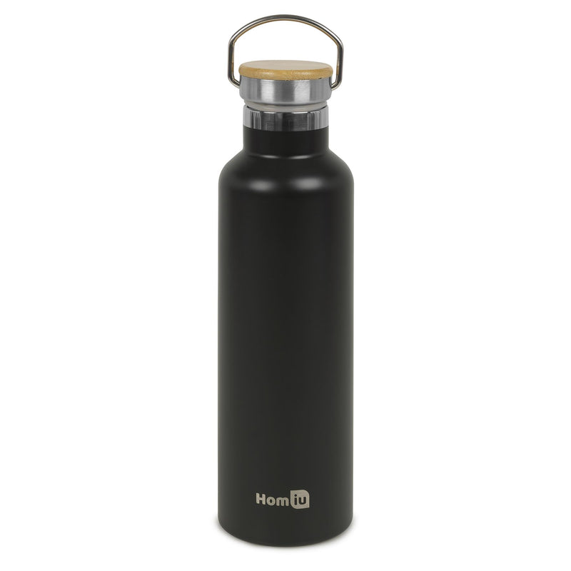 Homiu Water Bottle with Carrying Handle Insulated Double Walled Hot or Cold Stainless Steel Vacuum Flask Reusable (Black, 750 ml)