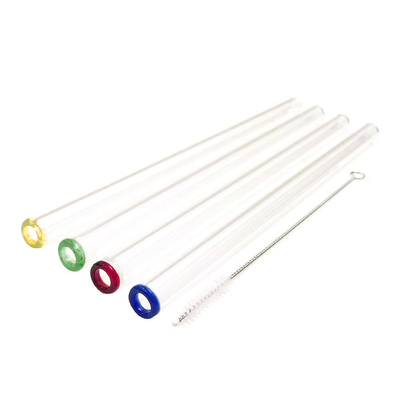 Homiu  Straight Clear Glass Straws with Coloured Tips | Handmade | 4 Pack | With Cleaning Brush