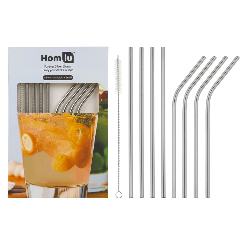 Homiu Stainless Steel Straws Forever Includes Cleaning Brush (Silver, 4 Bent + 4 Straight)